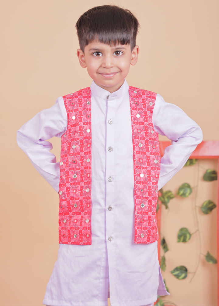 Lilac And Red Hand Embroidery Embellished Jacket Kurta With Pyjama Set