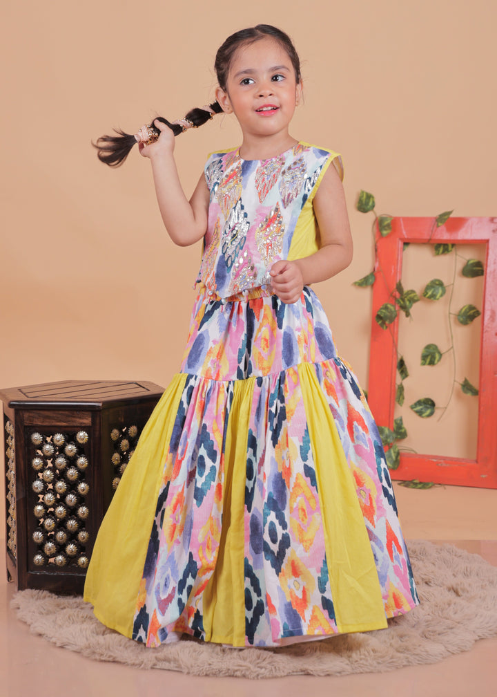 Multi-colored Hand Embroidery Cotton Top With Blocked Lehenga Set