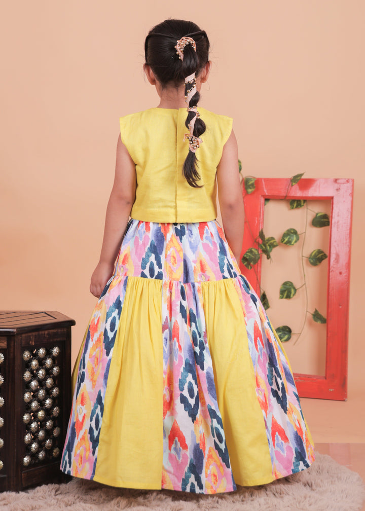 Multi-colored Hand Embroidery Cotton Top With Blocked Lehenga Set