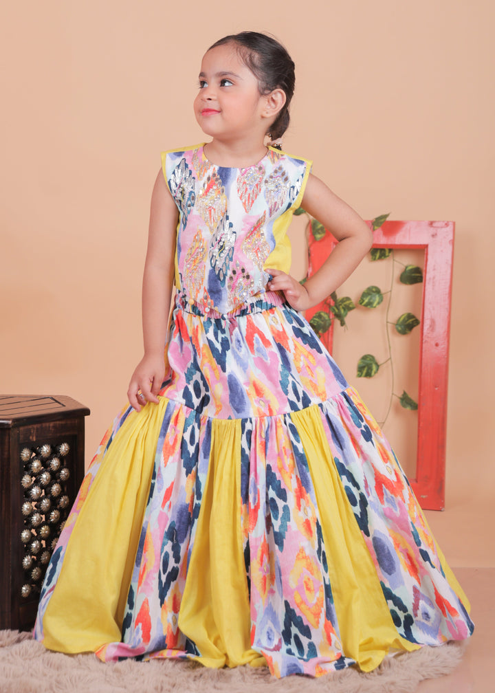 Multi-colored Hand Embroidery Cotton Top With Blocked Lehenga Set