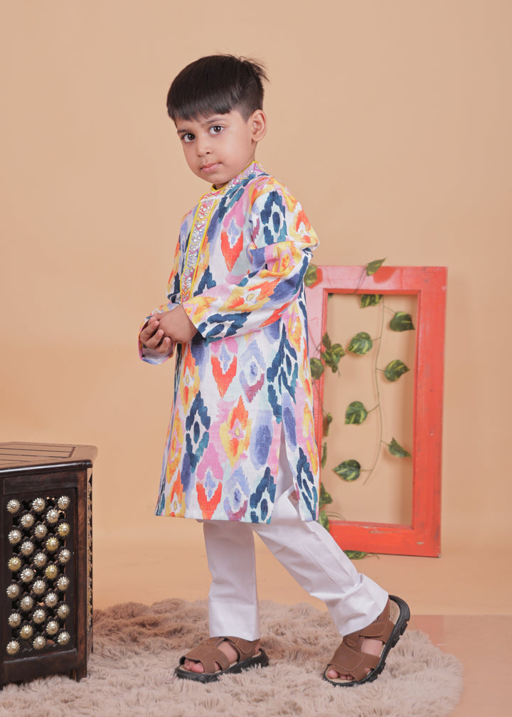 Mulitcolored Embellished Cotton Kurta With Pyjama Set