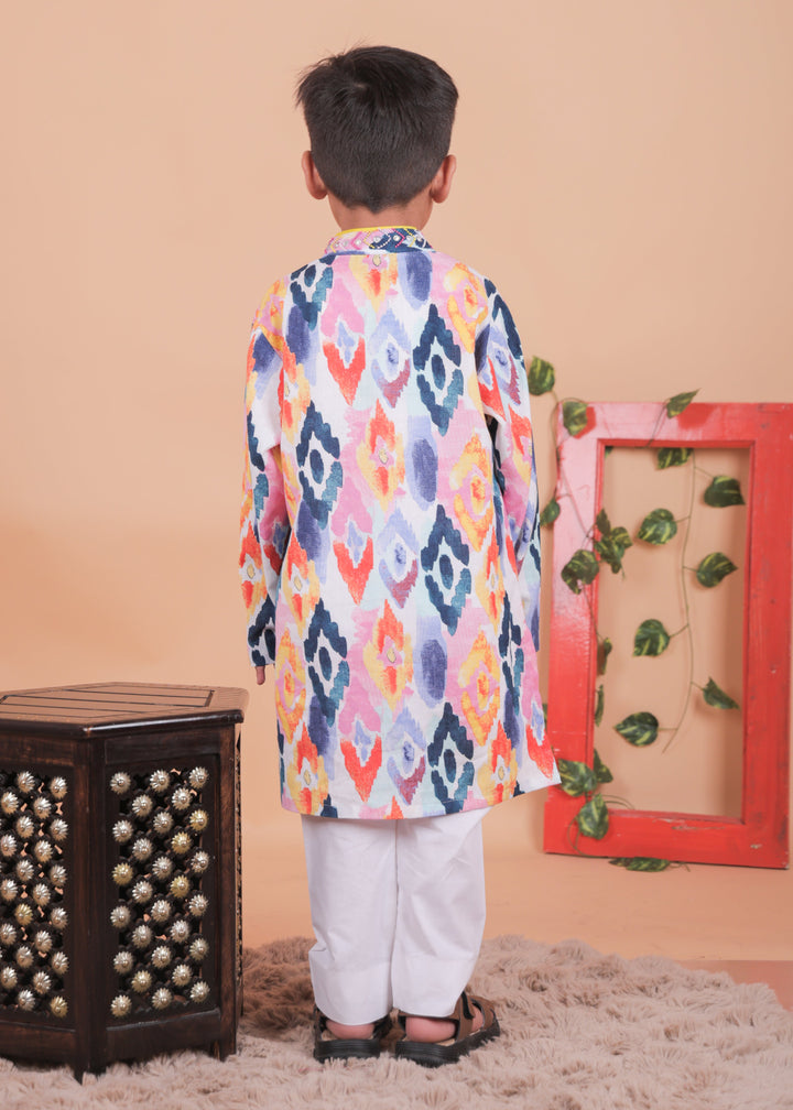 Mulitcolored Embellished Cotton Kurta With Pyjama Set