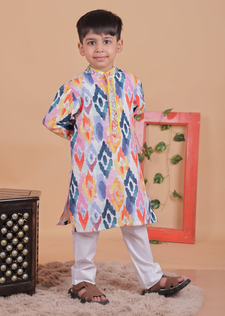 Mulitcolored Embellished Cotton Kurta With Pyjama Set