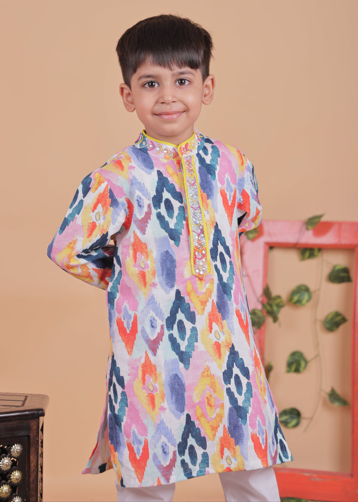 Mulitcolored Embellished Cotton Kurta With Pyjama Set