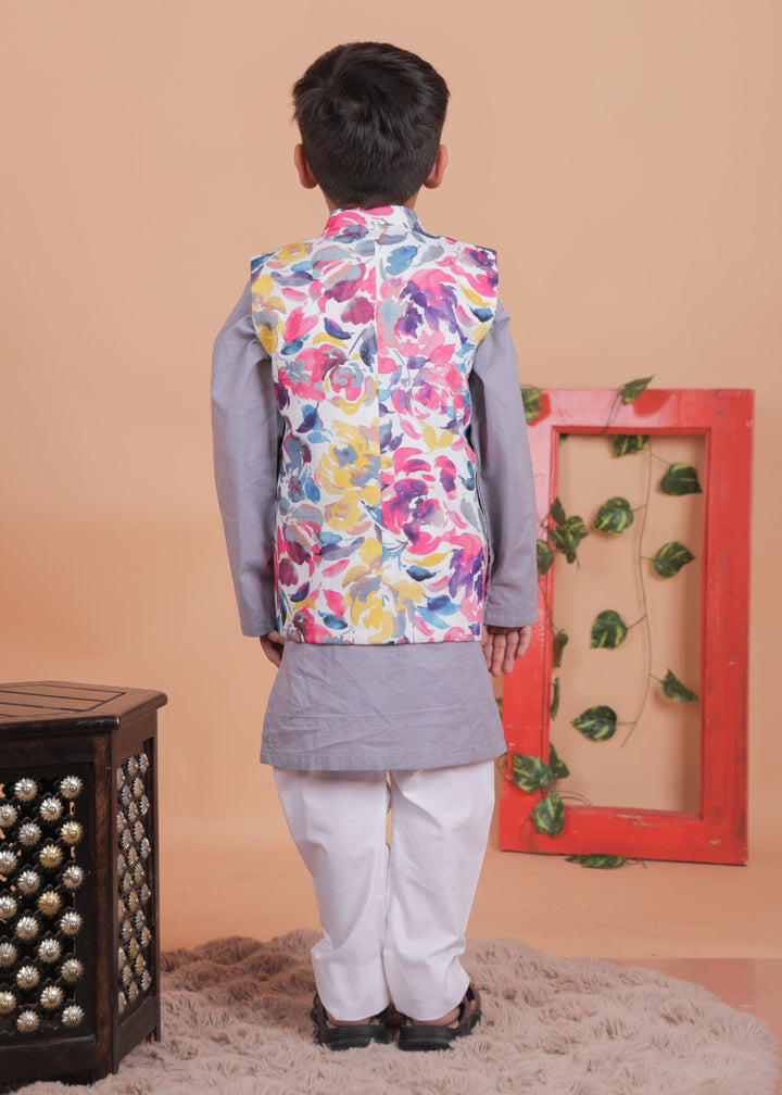 Mulitcolored Embroidered Jacket With Cotton Kurta And Pyjama Set