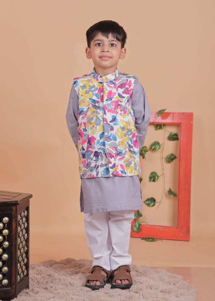 Mulitcolored Embroidered Jacket With Cotton Kurta And Pyjama Set