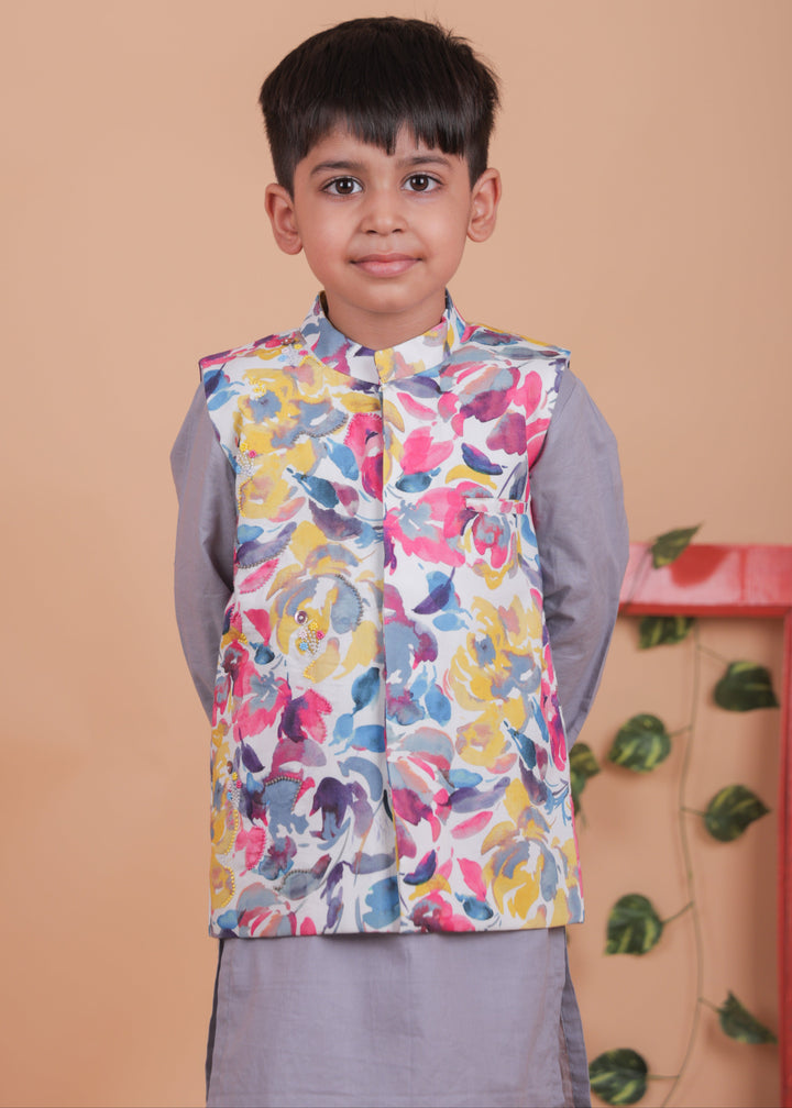 Mulitcolored Embroidered Jacket With Cotton Kurta And Pyjama Set