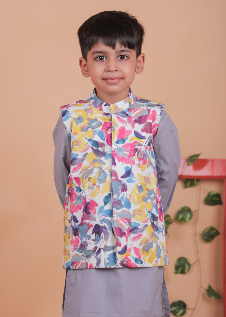 Mulitcolored Embroidered Jacket With Cotton Kurta And Pyjama Set
