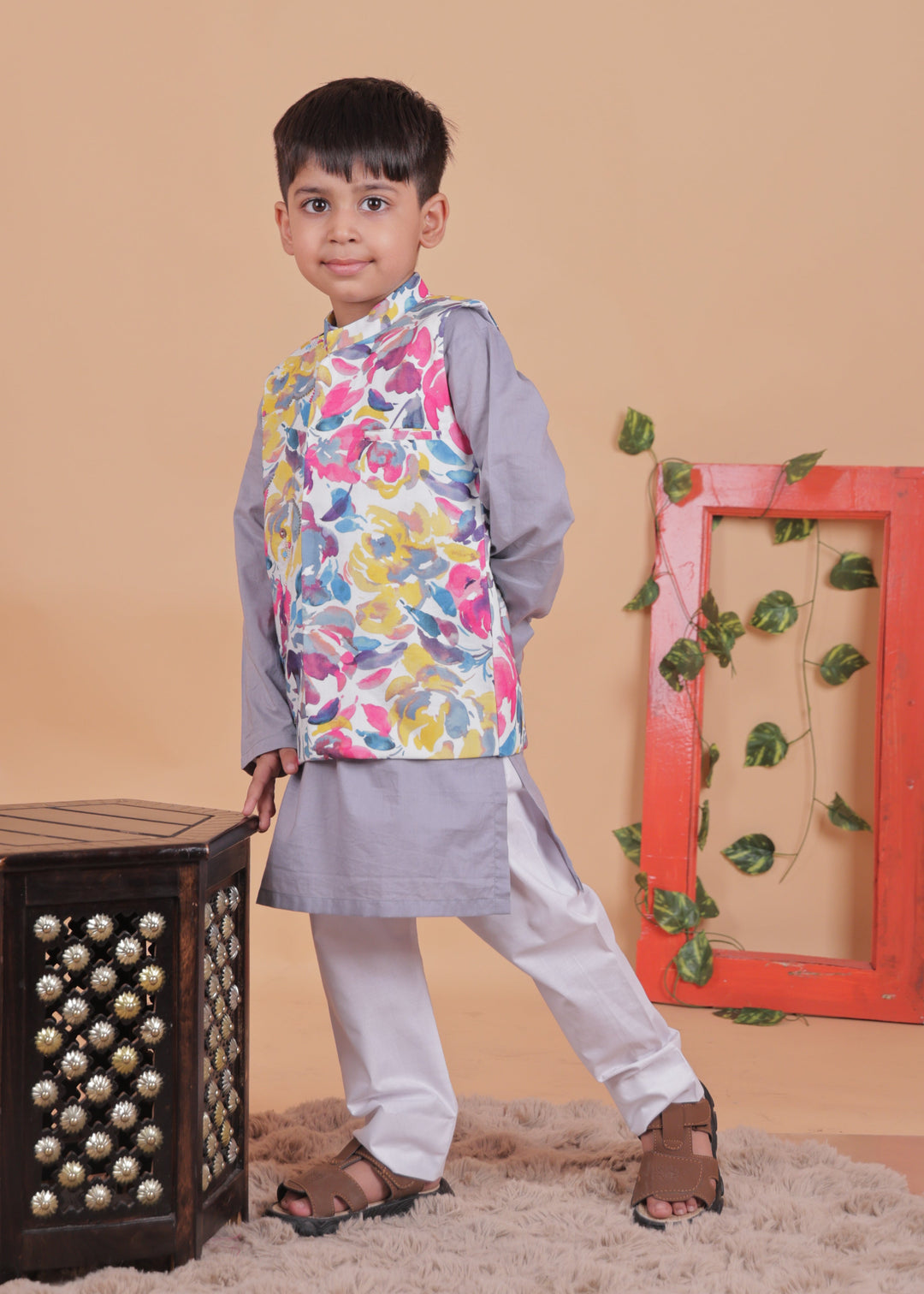 Mulitcolored Embroidered Jacket With Cotton Kurta And Pyjama Set