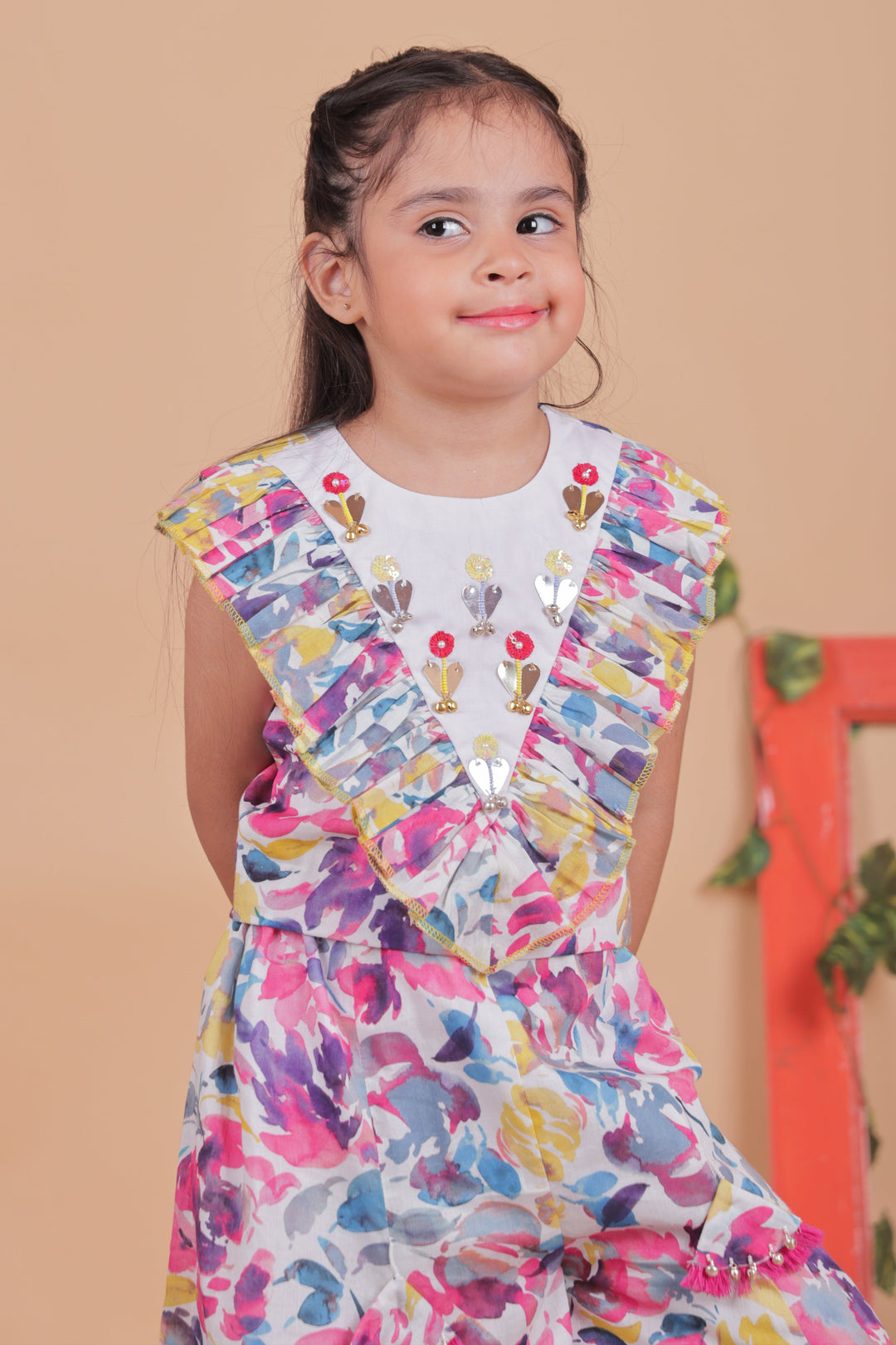 Mulitcolored Embellished Hand Embroidery Cotton Top With Sharara Set