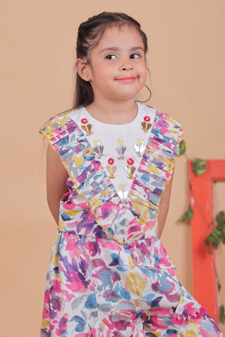 Mulitcolored Embellished Hand Embroidery Cotton Top With Sharara Set