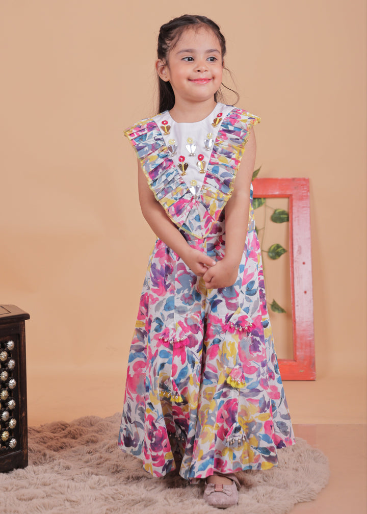 Mulitcolored Embellished Hand Embroidery Cotton Top With Sharara Set