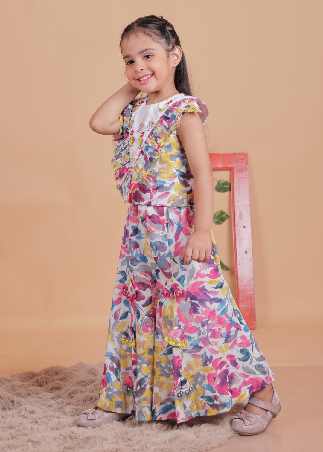 Mulitcolored Embellished Hand Embroidery Cotton Top With Sharara Set