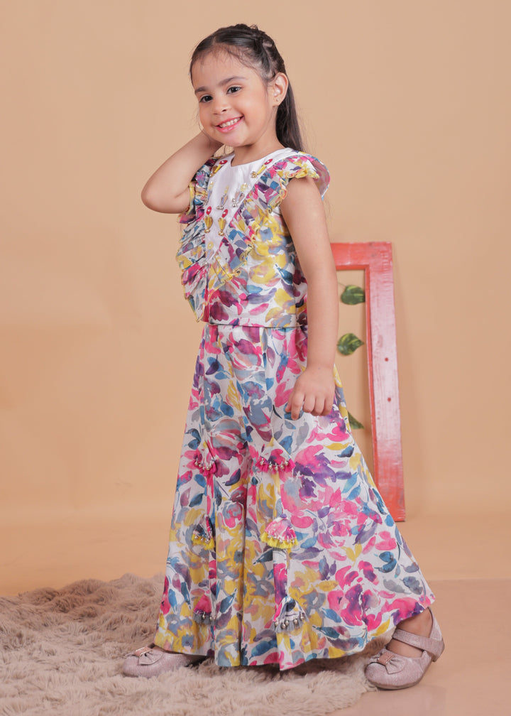 Mulitcolored Embellished Hand Embroidery Cotton Top With Sharara Set