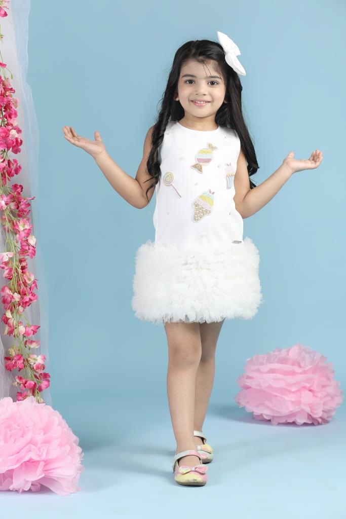 White Neoprene Candy Theme Embroidery Dress