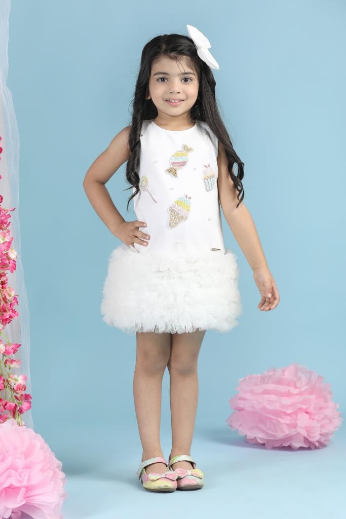 White Neoprene Candy Theme Embroidery Dress