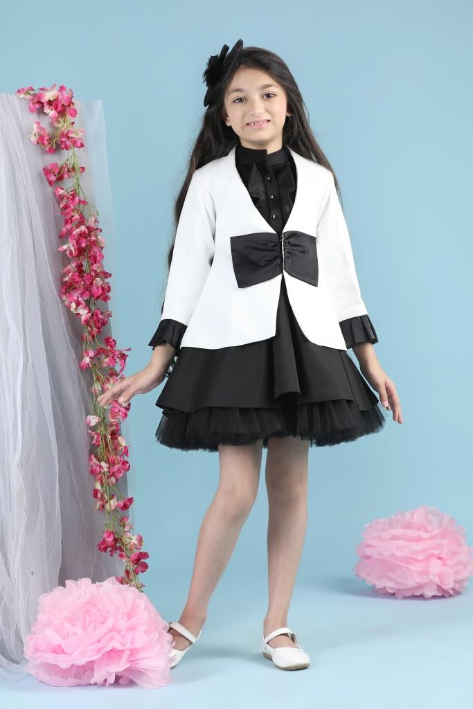 White And Black Imported Crepe With Coat Dress