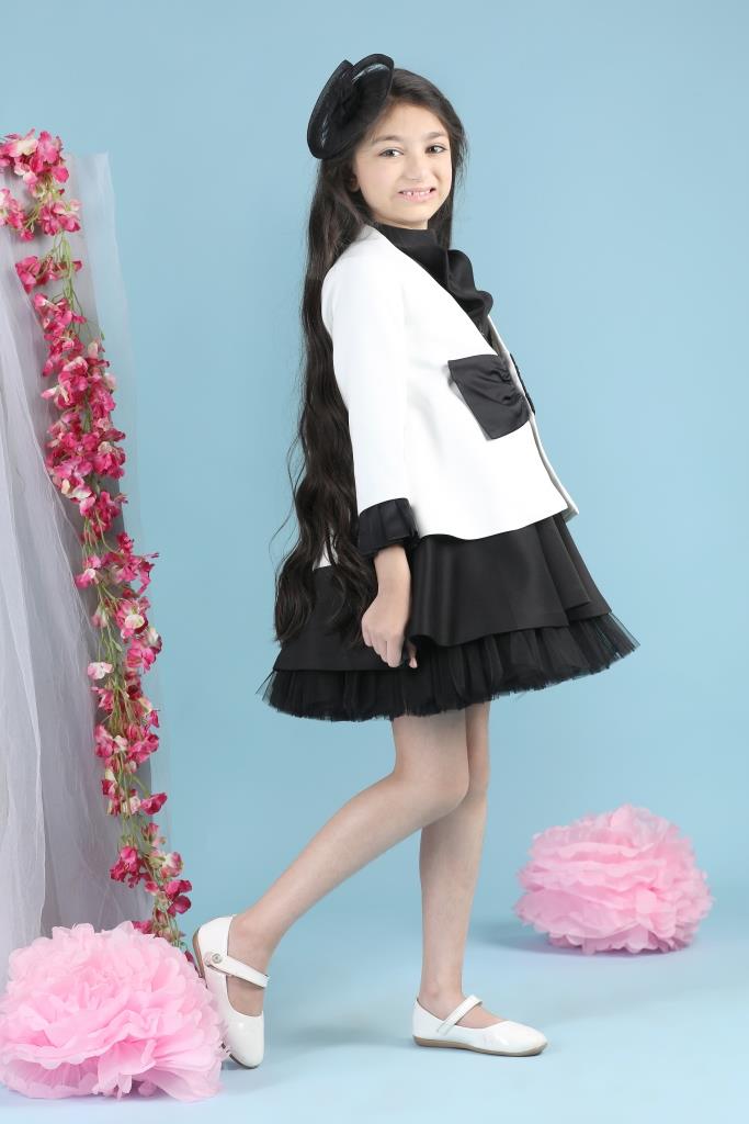 White And Black Imported Crepe With Coat Dress