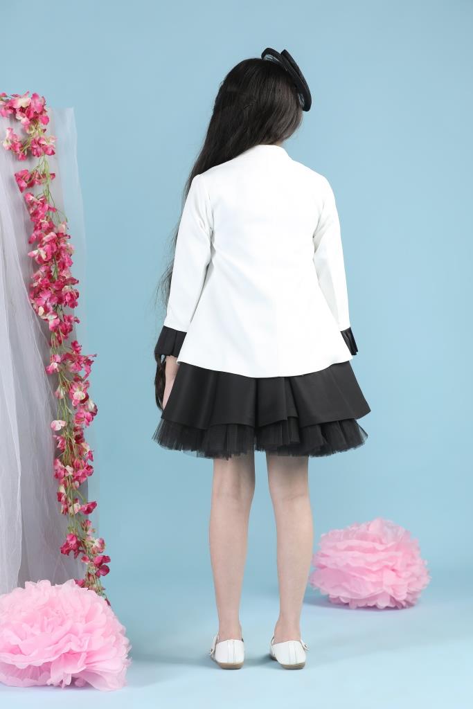 White And Black Imported Crepe With Coat Dress