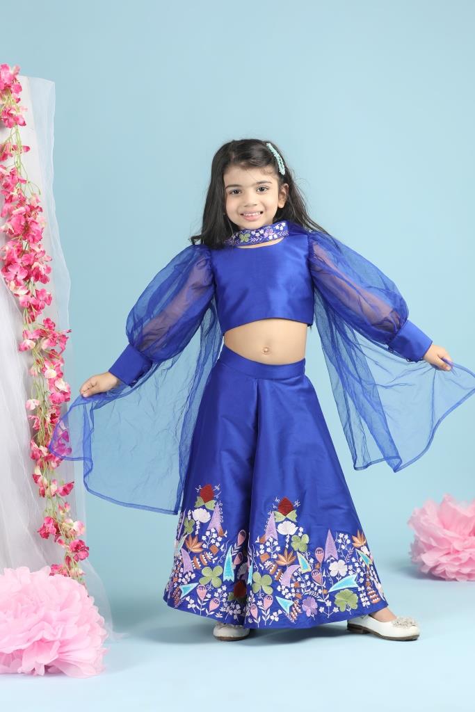 Blue Organza Top With Thread Embroidery Palazzo And Dupatta Set