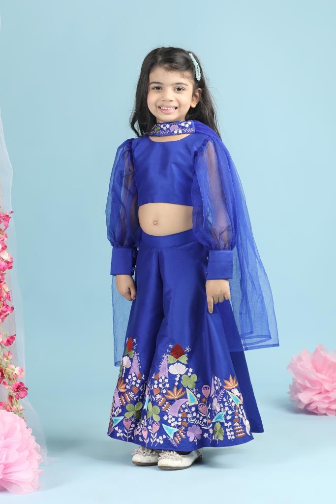 Blue Organza Top With Thread Embroidery Palazzo And Dupatta Set