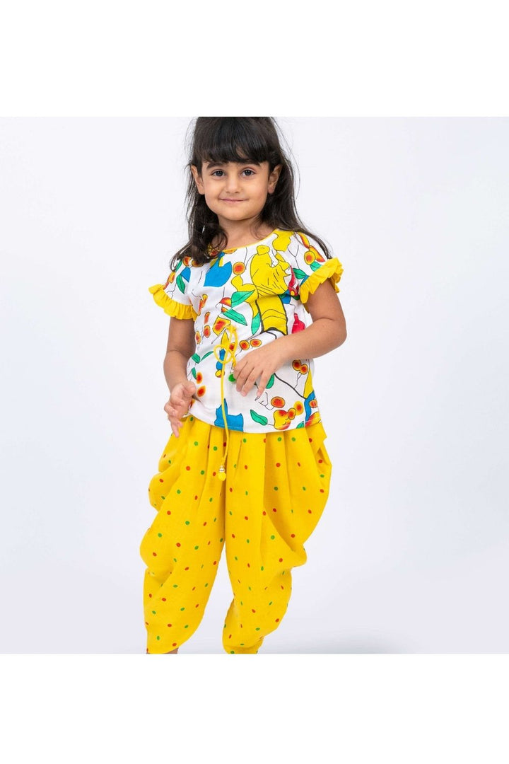 White Peplum Printed Top With Yellow Dhoti Set