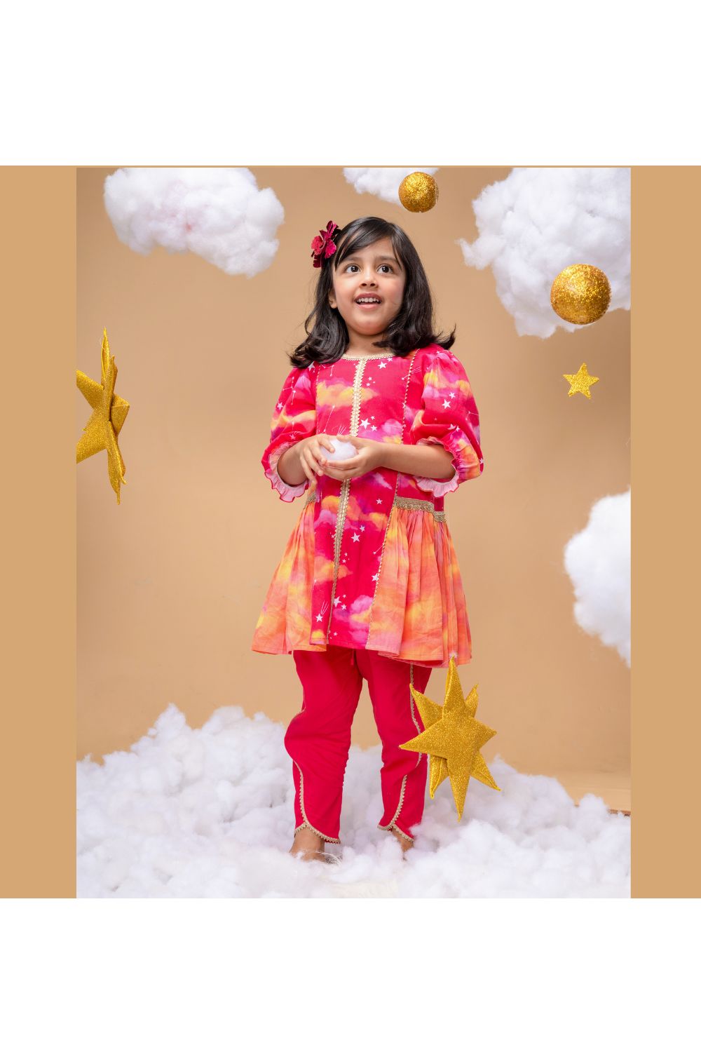 Cloud And Star Printed Peplum Style Top With Dhoti Set