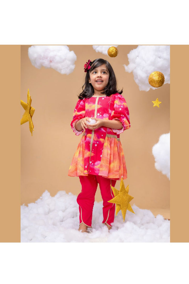 Cloud And Star Printed Peplum Style Top With Dhoti Set