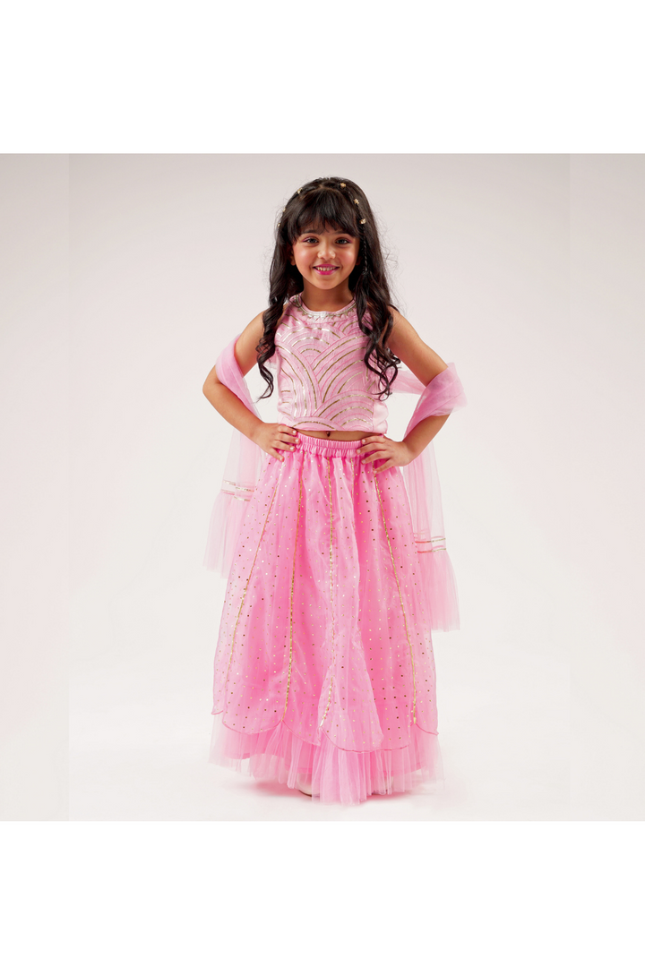 Pink Gota Lace Embroidered Sleeveless Top With Lehenga Set