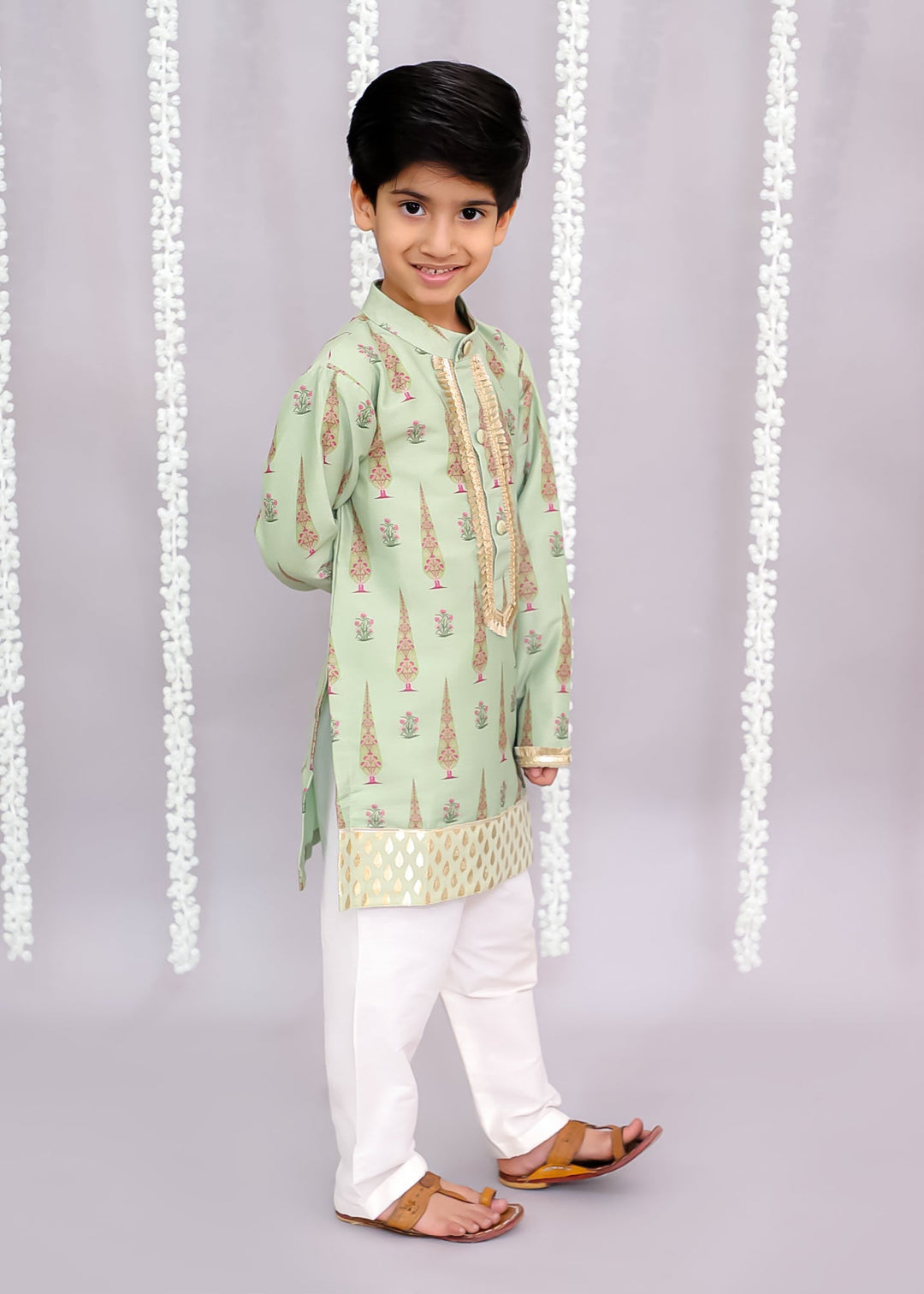 Mint Green Mugal Printed Kurta With Pyjama Set