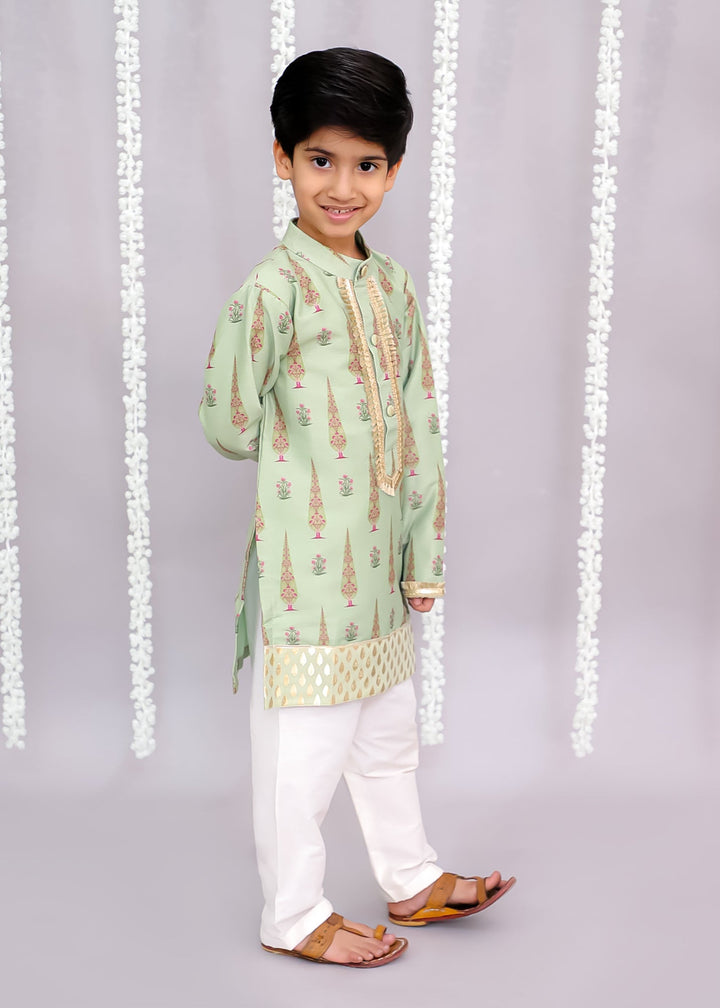 Mint Green Mugal Printed Kurta With Pyjama Set