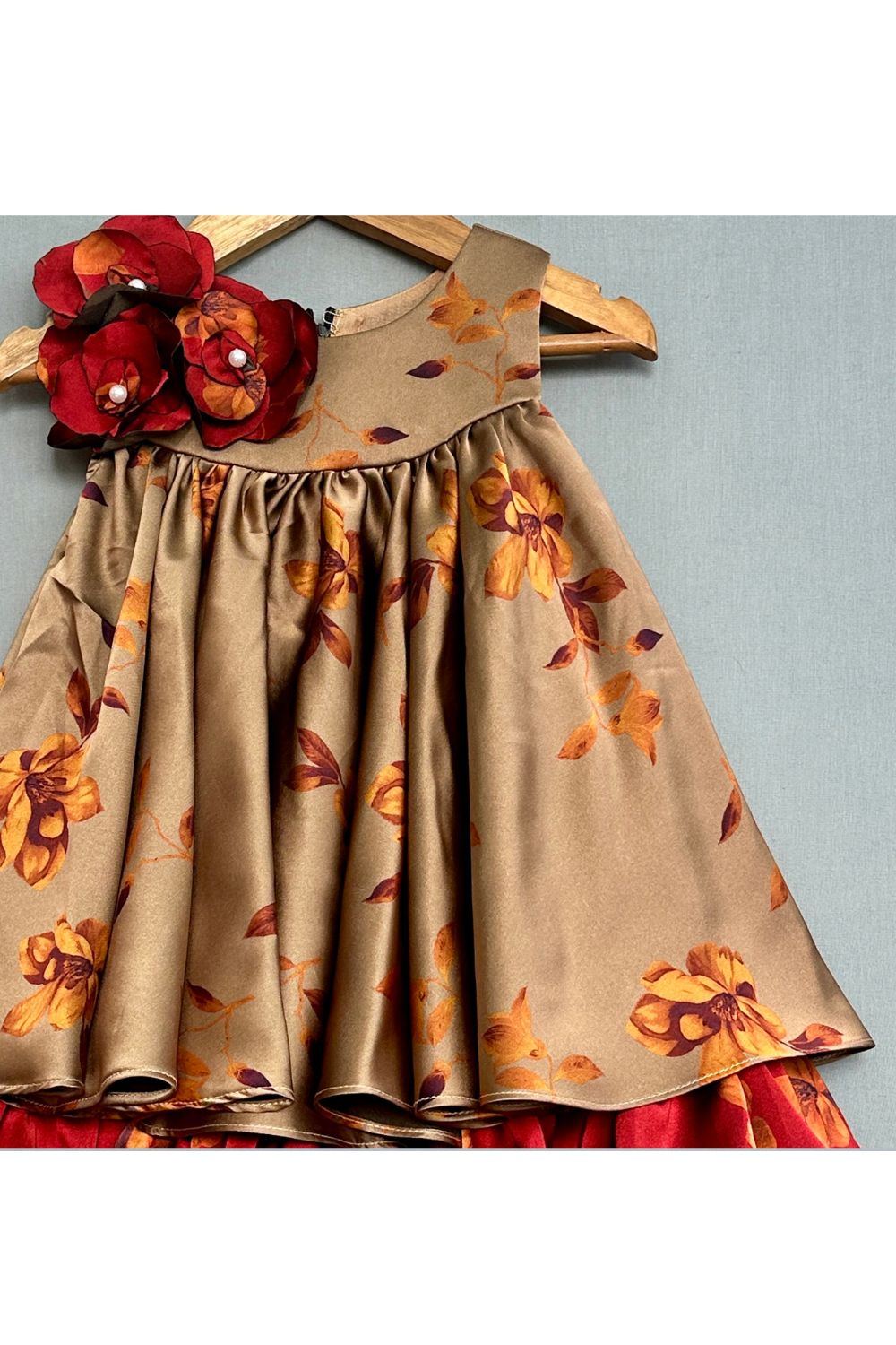 Brown Double Layered Cotton Floral Dress with Handmade flowers