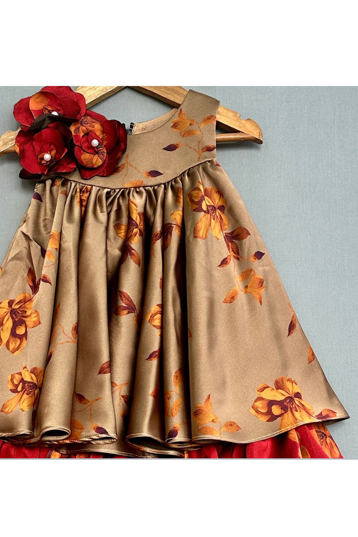 Brown Double Layered Cotton Floral Dress with Handmade flowers