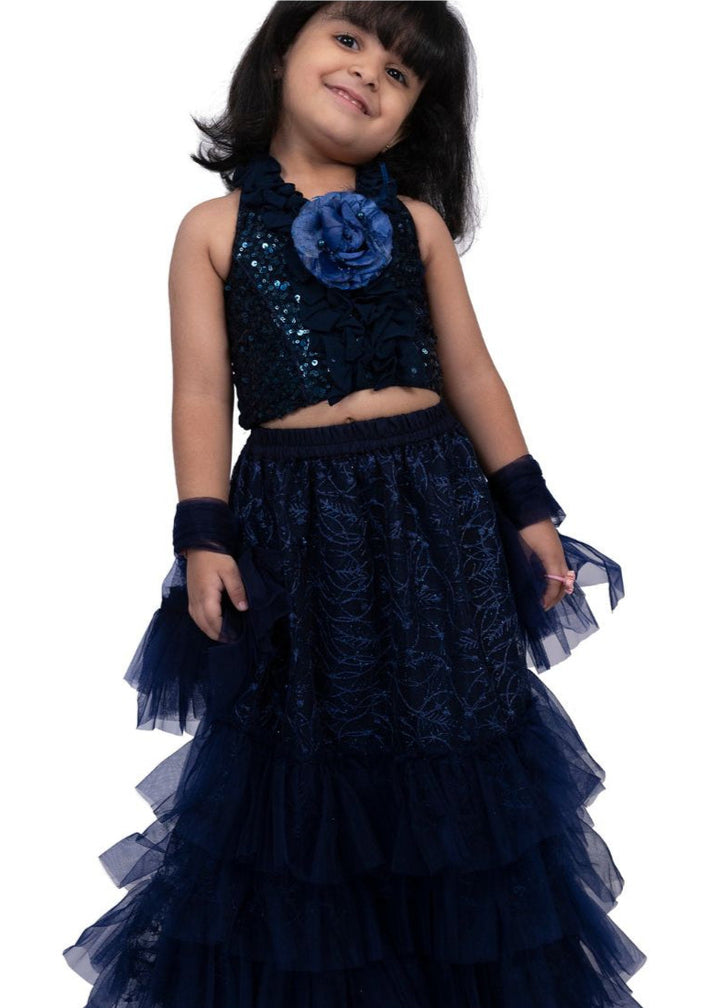 Navy Blue Frill Halter Neck Top with Frilled Ghaghra Set
