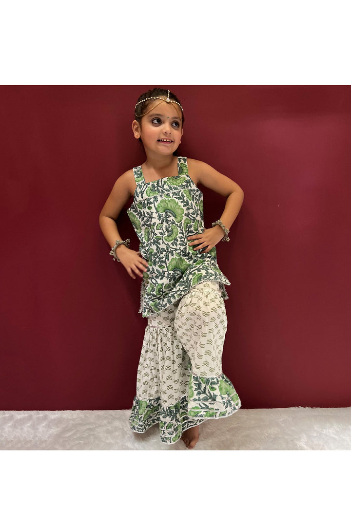 Green Floral Hand Block Printed Cotton Kurta With Sharara Set