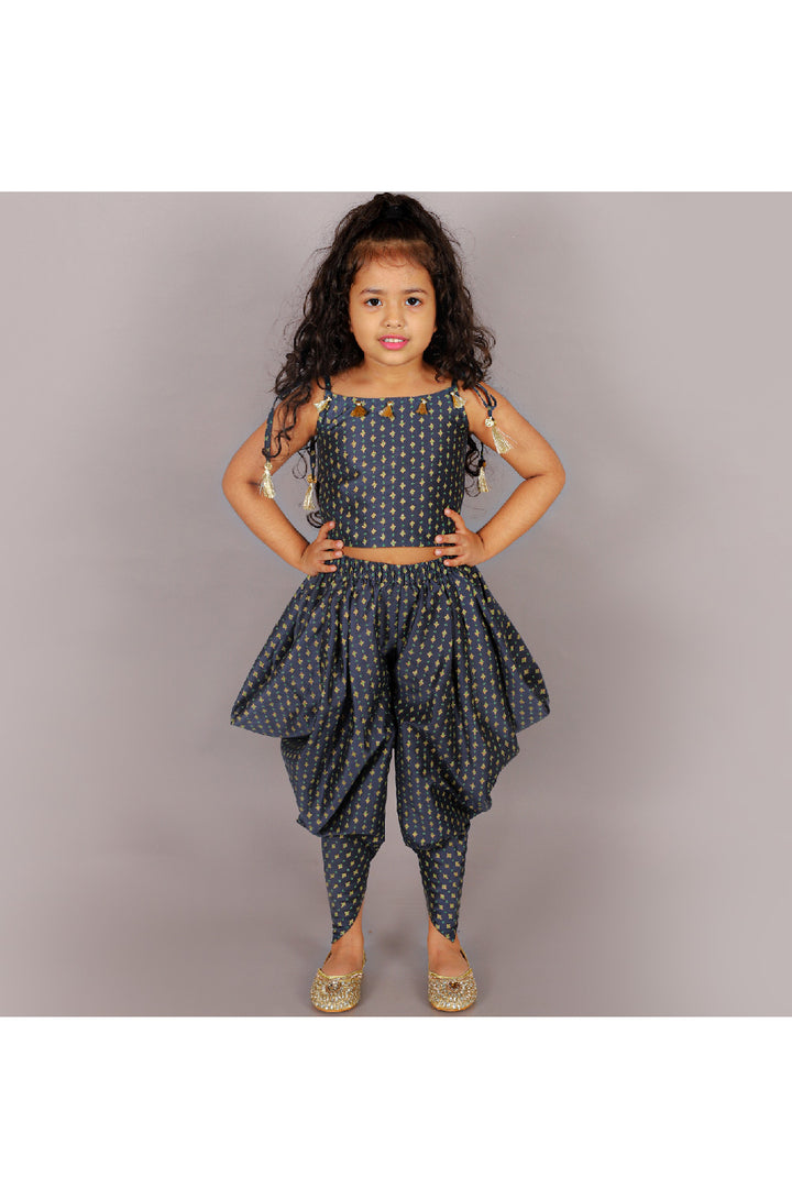 Teal Printed Tie-Up Polyster Crop Top With Dhoti Set