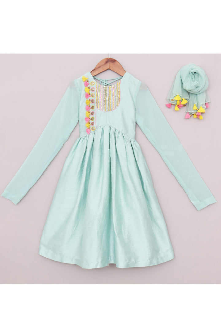 Sage Green Embroidered And Handmade Tassels Detailing Anarkali With Dupatta