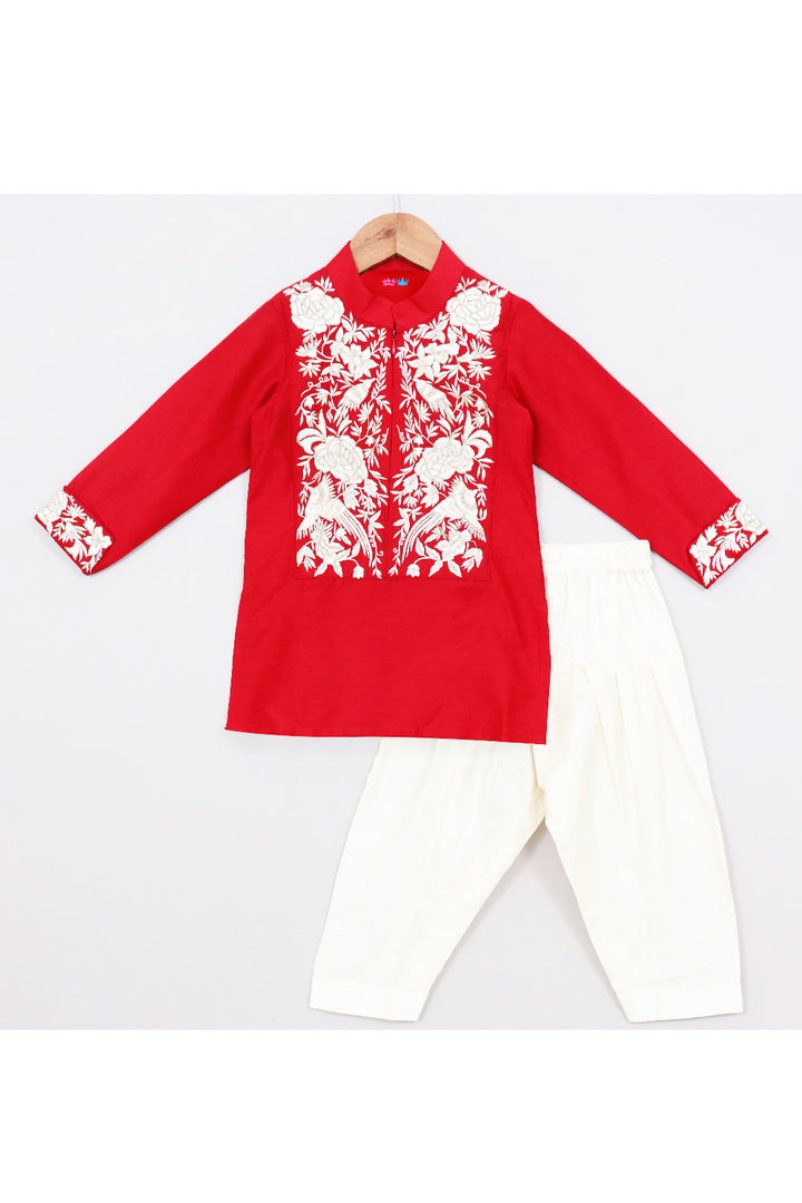 Red Floral Thread And Zari Embroidery Kurta With Salwar Set
