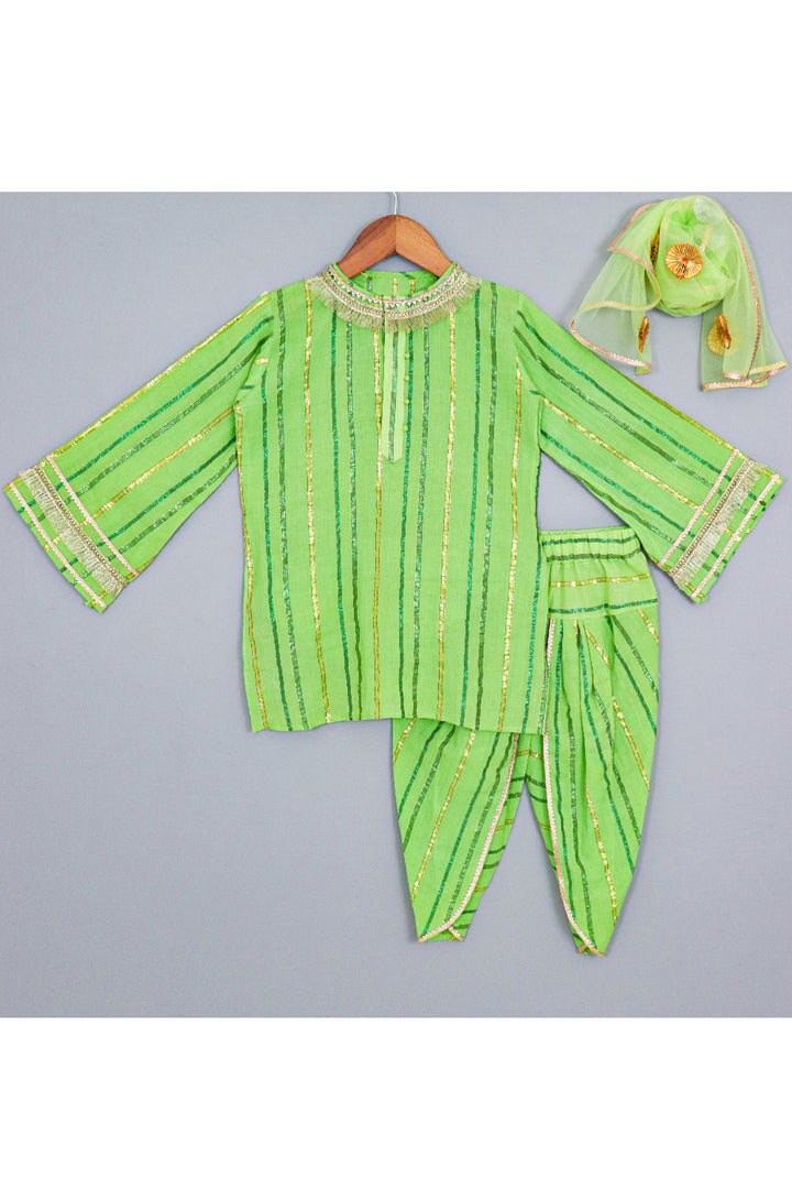 Green Lace Detailing Kurta With Dhoti And Dupatta Set