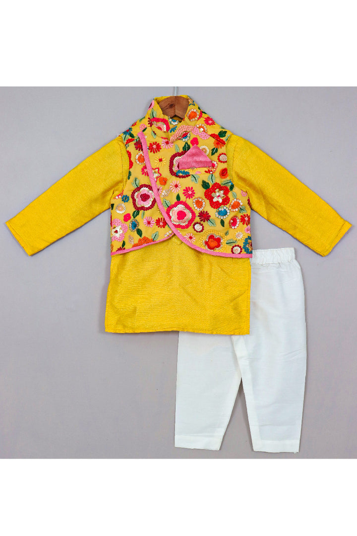 Yellow Art Silk Kurta With Floral Embroidered Georgette Jacket Set