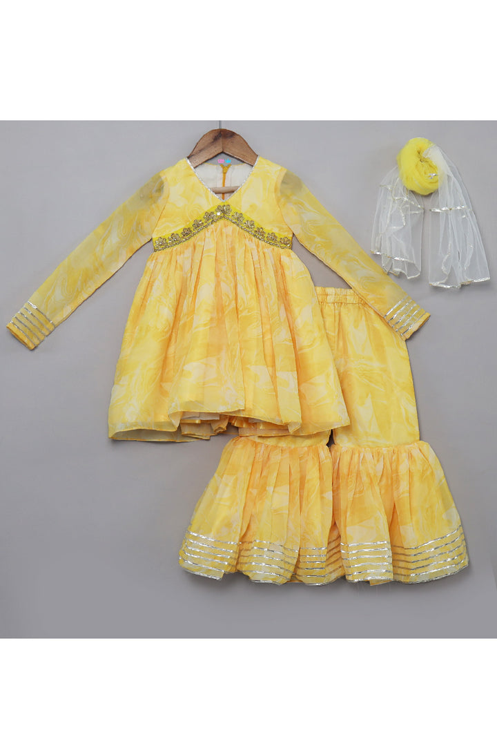 Yellow Embroidered And Lace Detailing Peplum Top With Sharara Set