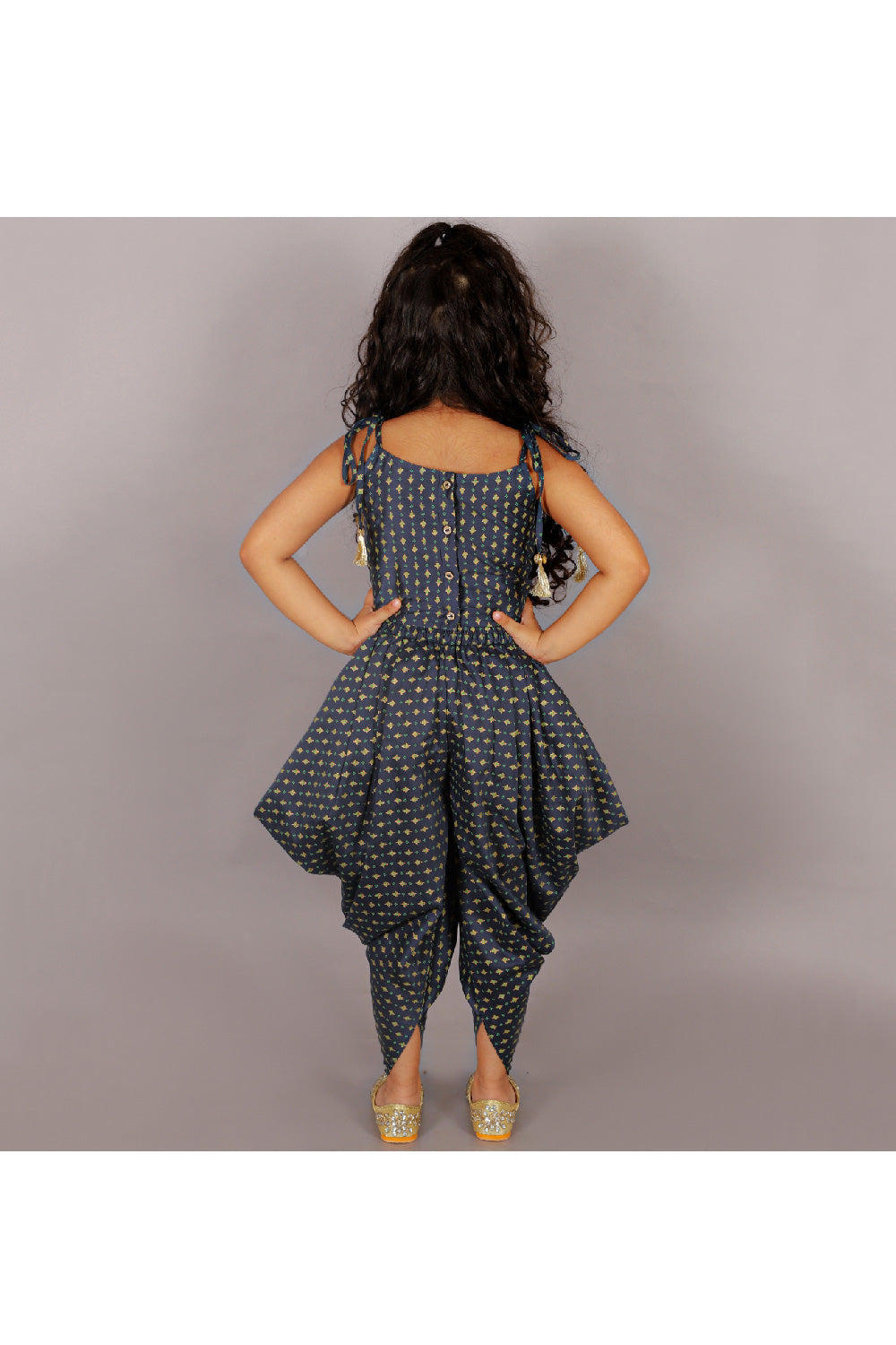 Teal Printed Tie-Up Polyster Crop Top With Dhoti Set