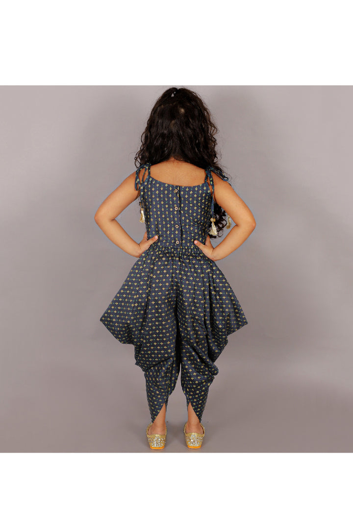 Teal Printed Tie-Up Polyster Crop Top With Dhoti Set