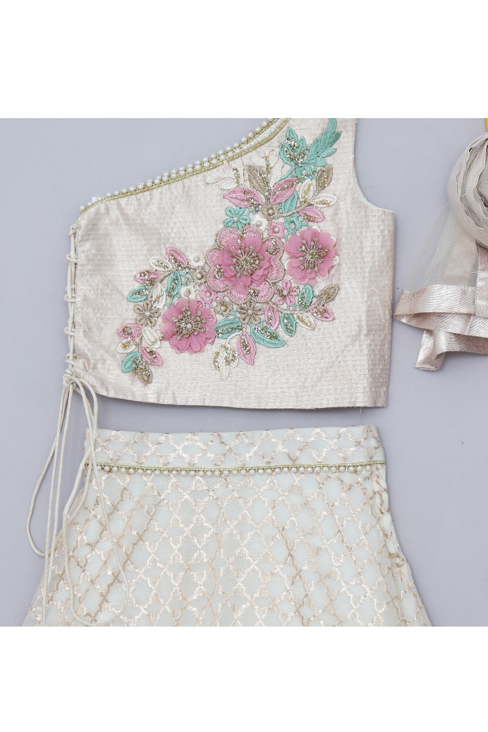 Off White And Golden Floral Embroidered One Shoulder Top With Skirt Set