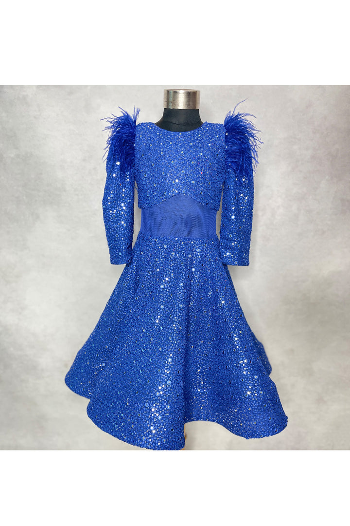 Royal Blue Mirror Embellished Gown With Feather Detailing