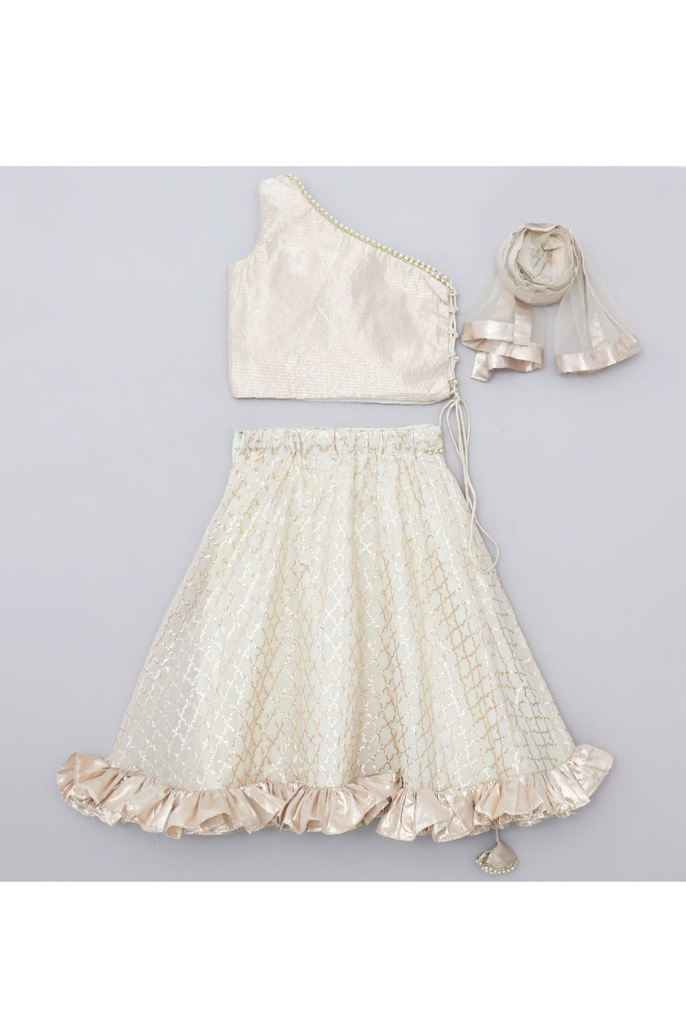 Off White And Golden Floral Embroidered One Shoulder Top With Skirt Set