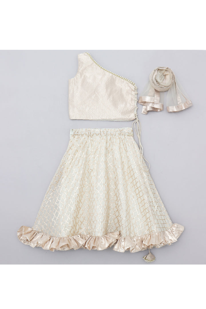 Off White And Golden Floral Embroidered One Shoulder Top With Skirt Set