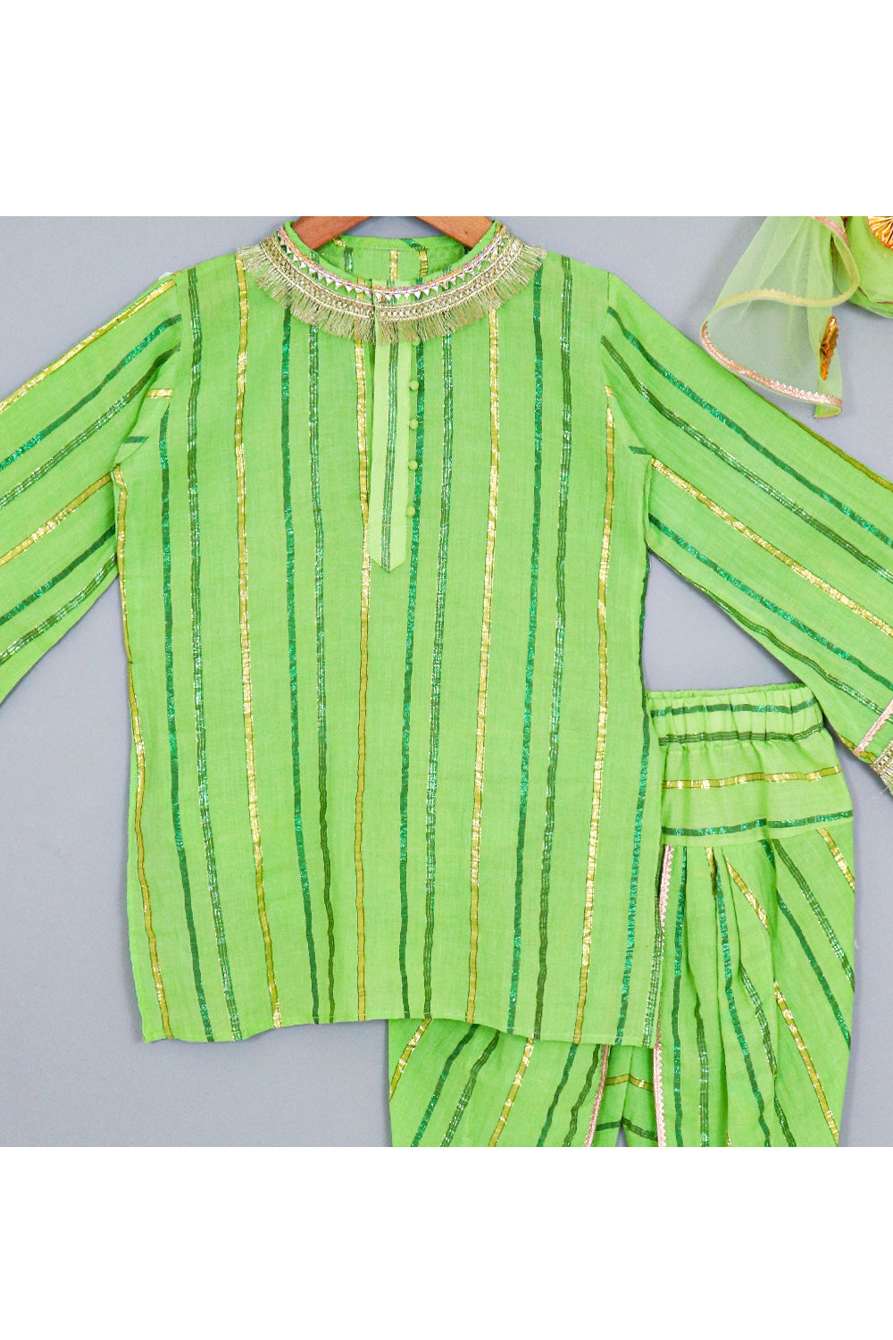 Green Lace Detailing Kurta With Dhoti And Dupatta Set