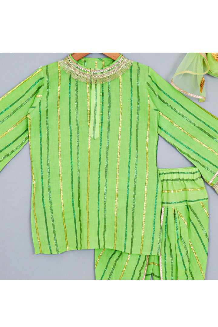 Green Lace Detailing Kurta With Dhoti And Dupatta Set