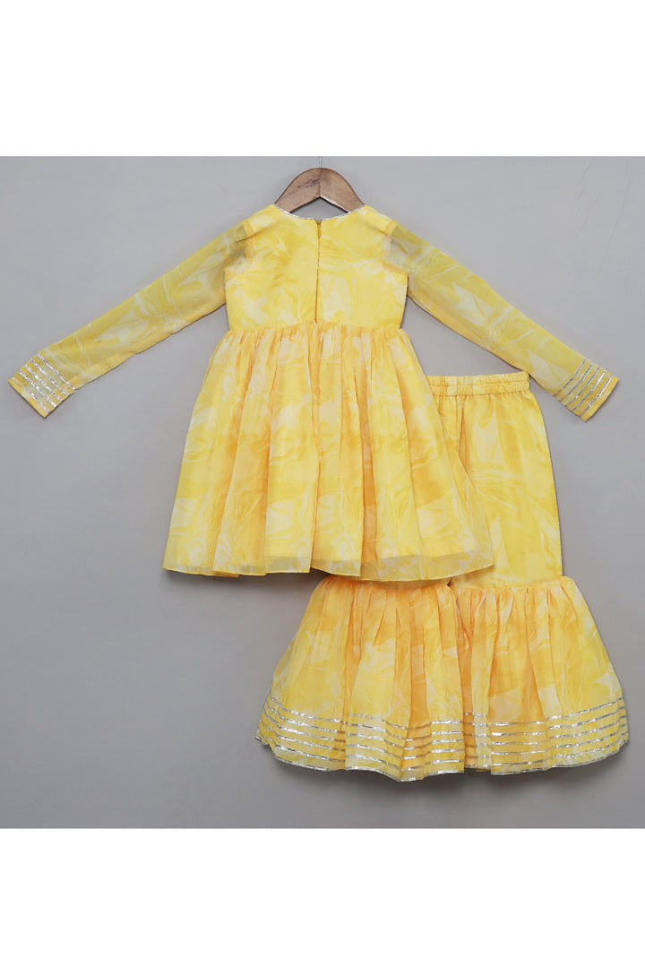 Yellow Embroidered And Lace Detailing Peplum Top With Sharara Set